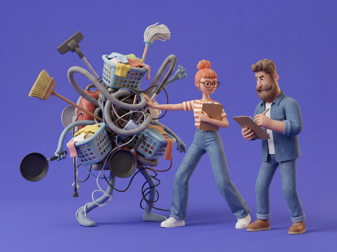 Illustration: Ein Paar mit Klemmbrettern inventarisiert einen Haufen aus Wäschekörben, Staubsaugerschläuchen und Pfannen.