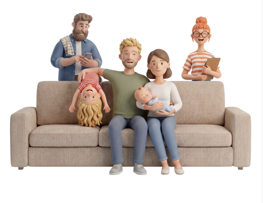 Illustration: Eine Familie auf dem Sofa, dahinter Constanze und Charles, die KI-Begleiter der App.